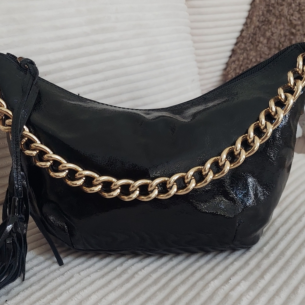 Maurizio Taitui Black Patent Shoulder Bag with Gold Chain